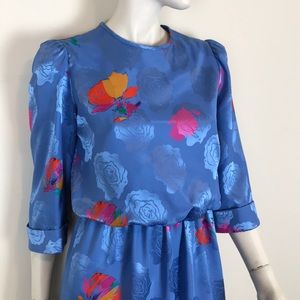 Vtg 80s blue floral kawaii lolita prairie dress M
